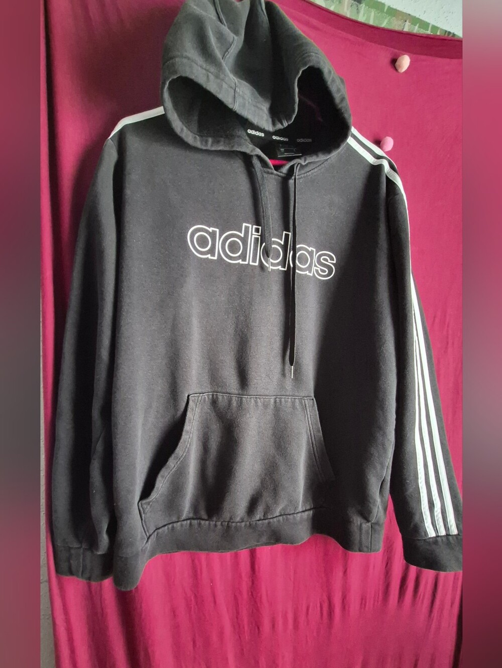 Adidas Black Pullover Hoodie 3-Stripe Spell Out Sweatshirt VTG